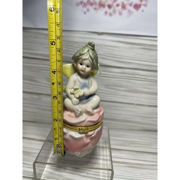 Vintage Hinged Trinket Box Fairy Angel Cherub Pink Yellow Florals 5.25" - Picture 8 of 9